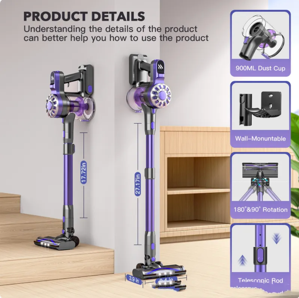 Cordless Stick Vacuum - Lightweight 150W Home & Pet Hair Cleaner